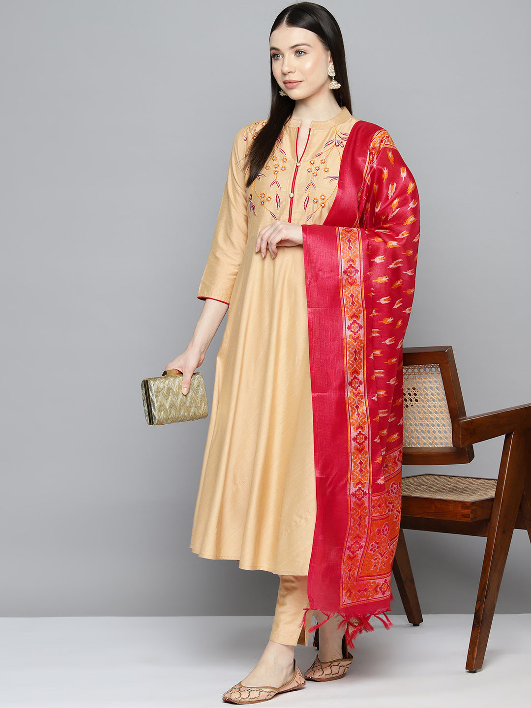 Jompers Women's Embroidered Cotton Silk Flared kurta,pant with dupatta set - Golden - Distacart
