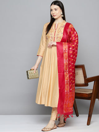 Jompers Women's Embroidered Cotton Silk Flared kurta,pant with dupatta set - Golden - Distacart