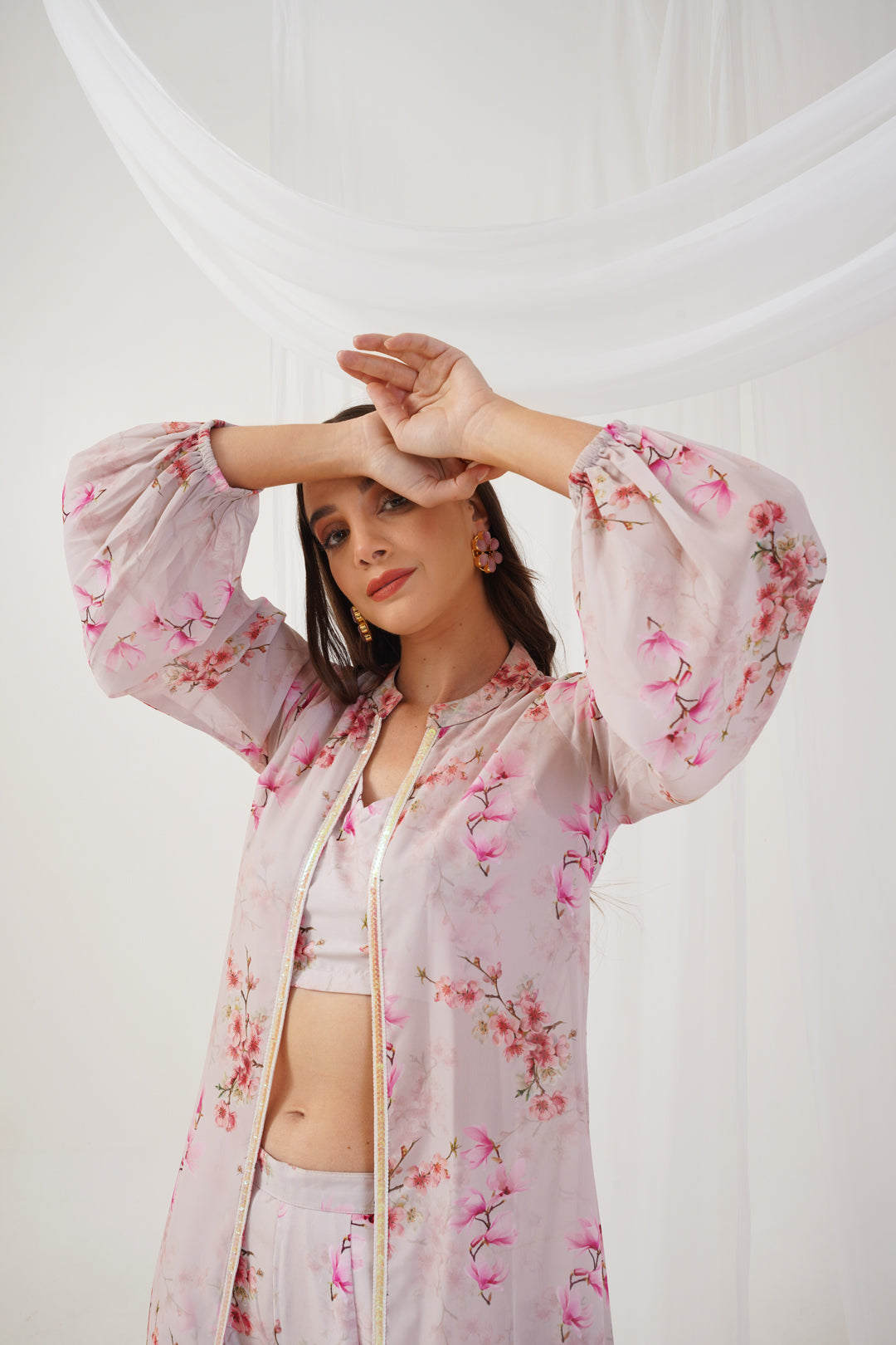 Jompers Women's Cream Floral Printed Crop Top with Trousers & Shrug - Distacart