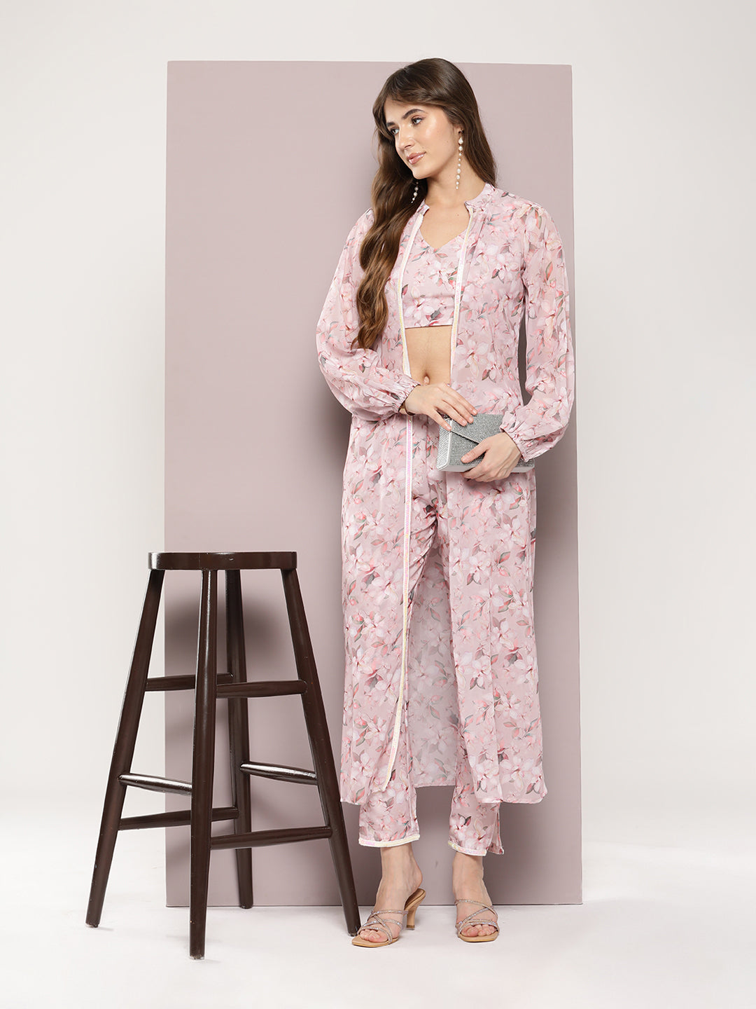 Jompers Women's Sequin Work Shrug with digital print Top and bottom - Peach - Distacart