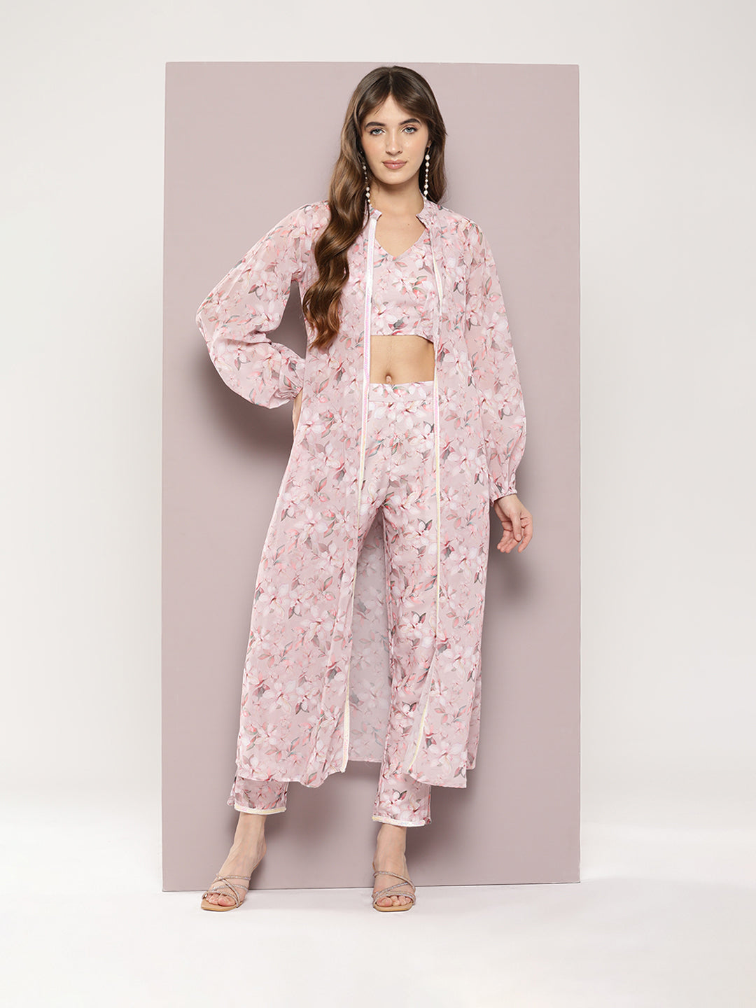 Jompers Women's Sequin Work Shrug with digital print Top and bottom - Peach - Distacart