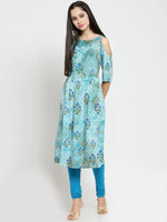Thumbnail for Jompers Women's Blue Printed A-Line Kurta - Distacart