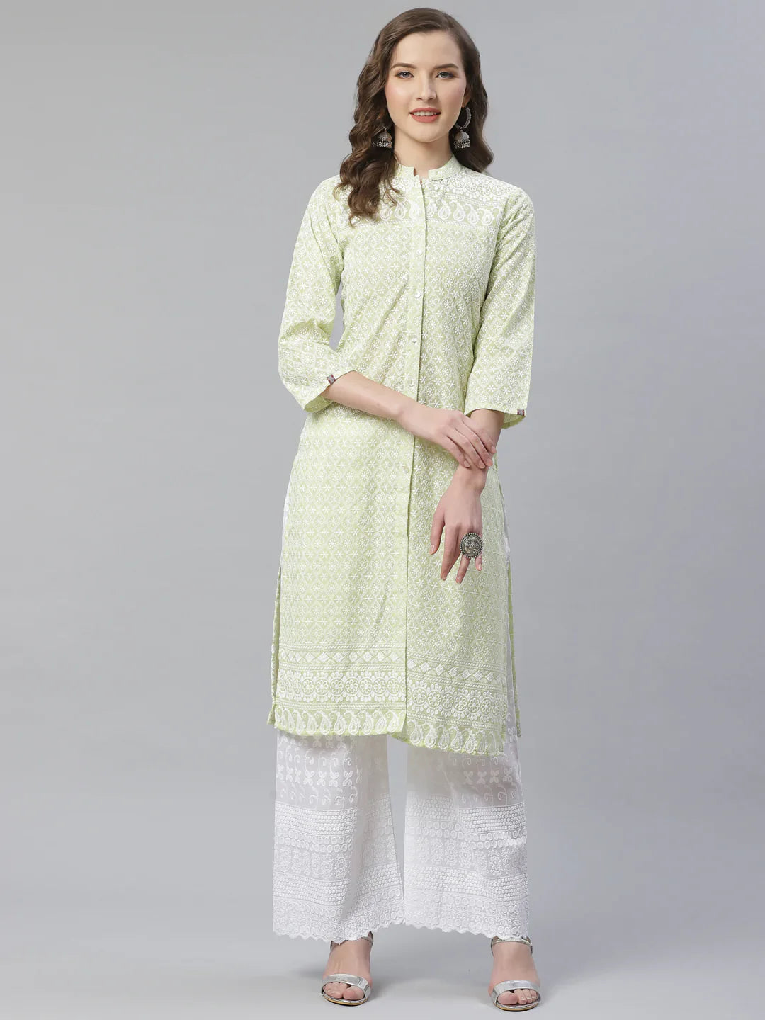 Jompers Women's Lime Green & White Chikankari Embroidered Kurta with Palazzos - Distacart