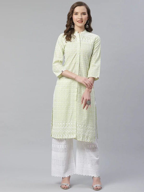 Jompers Women's Lime Green & White Chikankari Embroidered Kurta with Palazzos - Distacart
