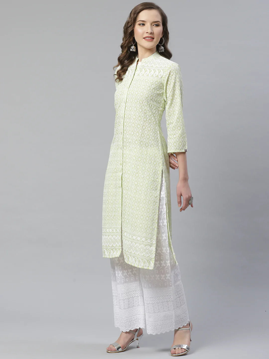 Jompers Women's Lime Green & White Chikankari Embroidered Kurta with Palazzos - Distacart