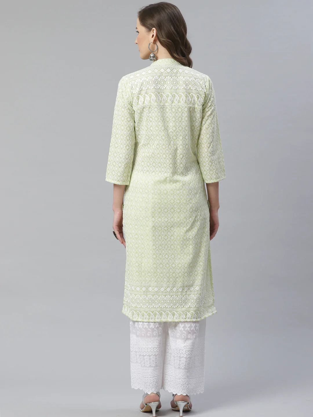 Jompers Women's Lime Green & White Chikankari Embroidered Kurta with Palazzos - Distacart