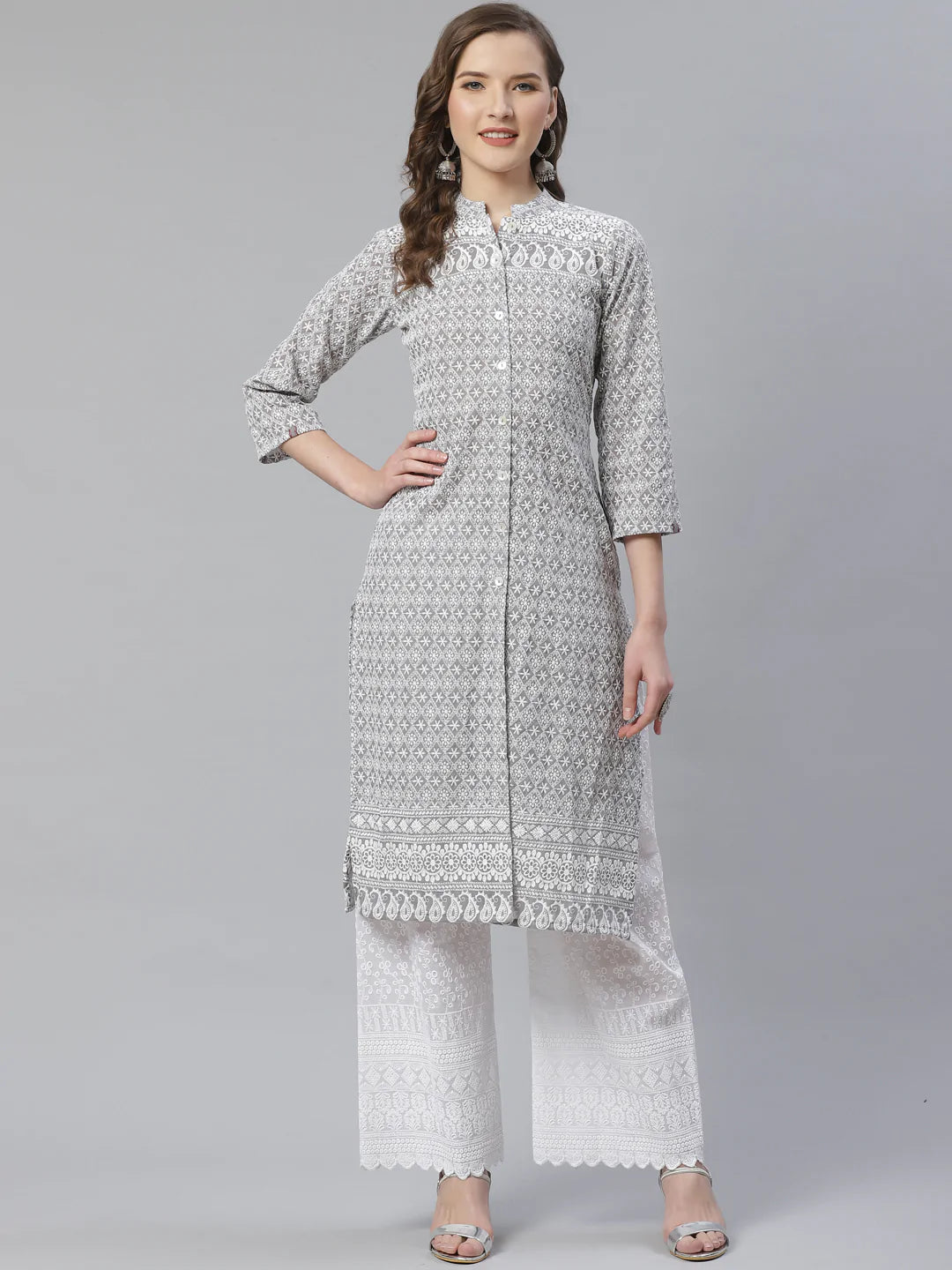 Jompers Women's Grey & White Chikankari Embroidered Kurta with Palazzos - Distacart