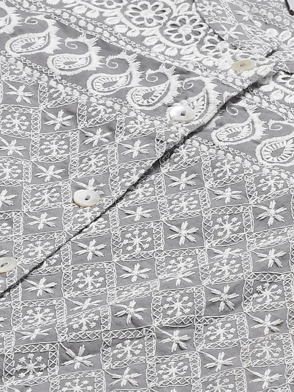 Jompers Women's Grey & White Chikankari Embroidered Kurta with Palazzos - Distacart