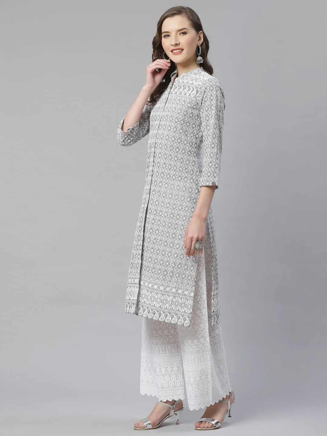 Jompers Women's Grey & White Chikankari Embroidered Kurta with Palazzos - Distacart