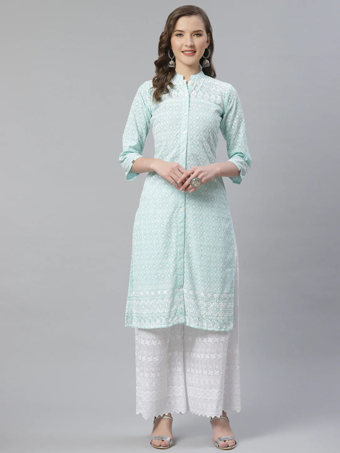 Jompers Women's Sky Blue & White Chikankari Embroidered Kurta with Palazzos - Distacart