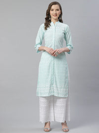 Thumbnail for Jompers Women's Sky Blue & White Chikankari Embroidered Kurta with Palazzos - Distacart