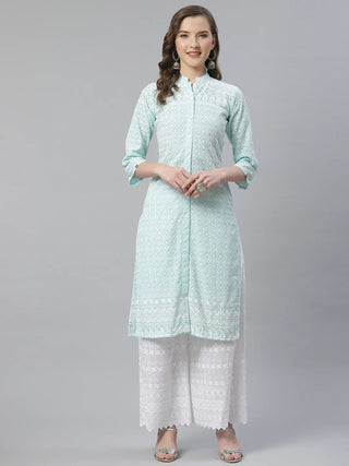 Jompers Women's Sky Blue & White Chikankari Embroidered Kurta with Palazzos - Distacart