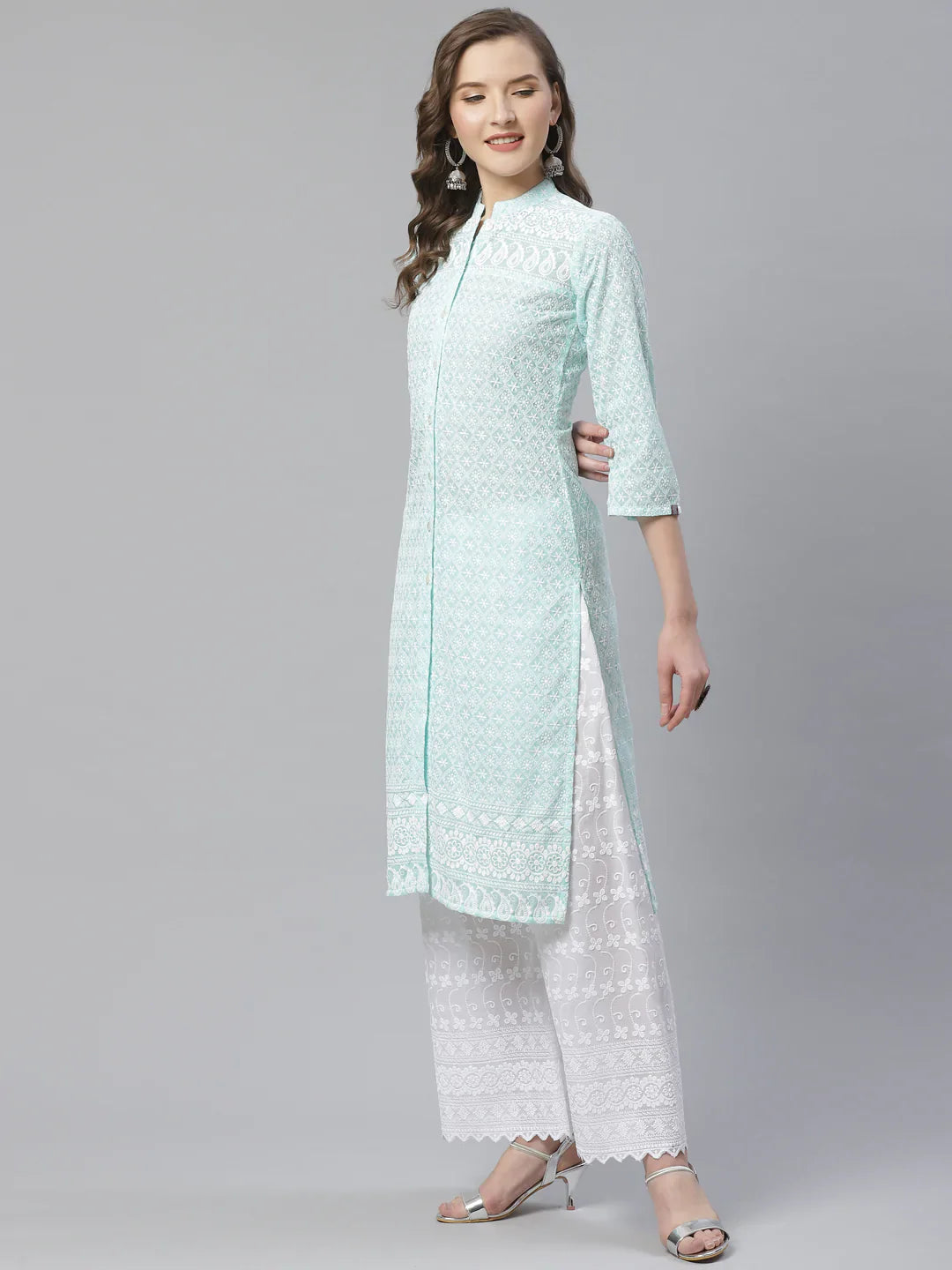 Jompers Women's Sky Blue & White Chikankari Embroidered Kurta with Palazzos - Distacart