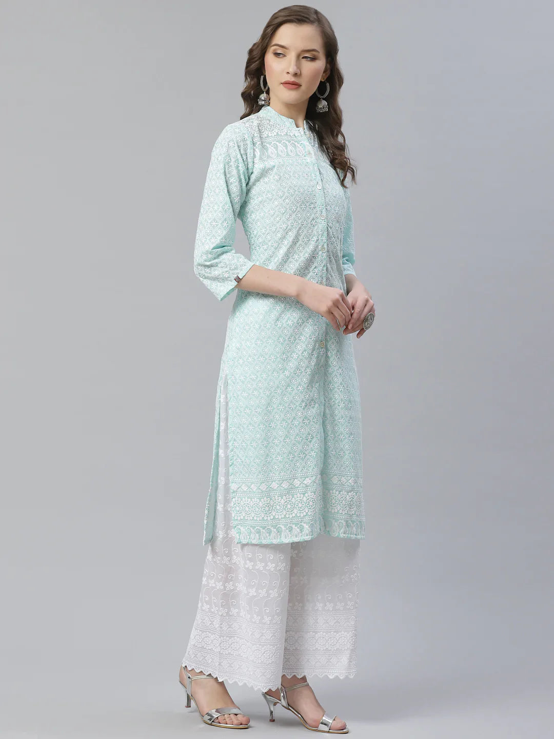 Jompers Women's Sky Blue & White Chikankari Embroidered Kurta with Palazzos - Distacart