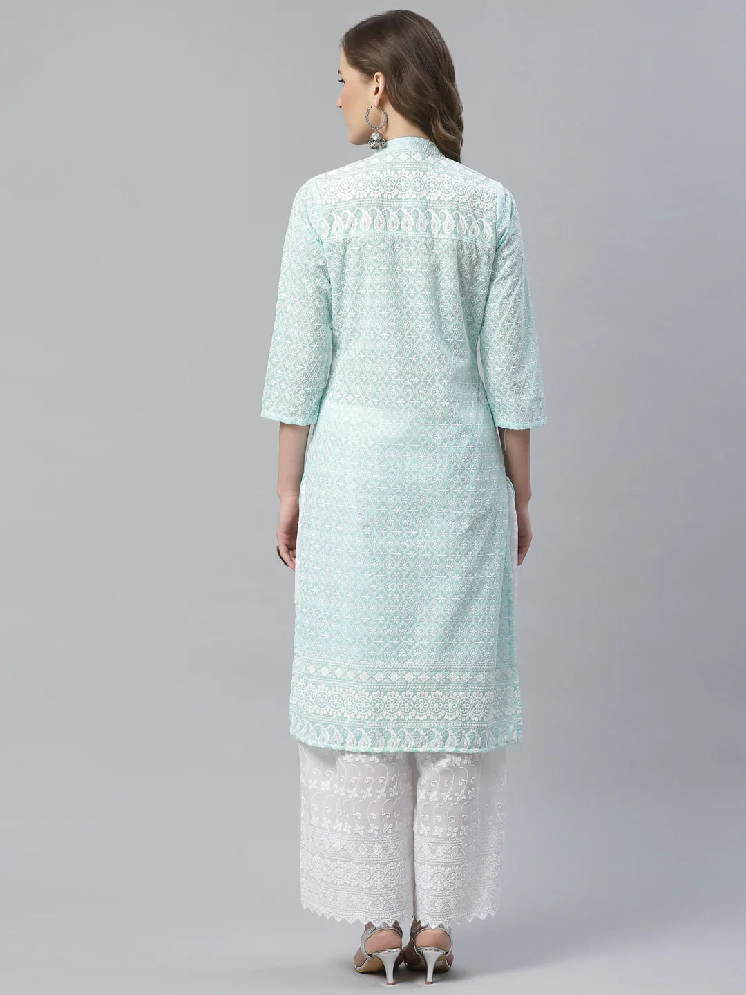 Jompers Women's Sky Blue & White Chikankari Embroidered Kurta with Palazzos - Distacart