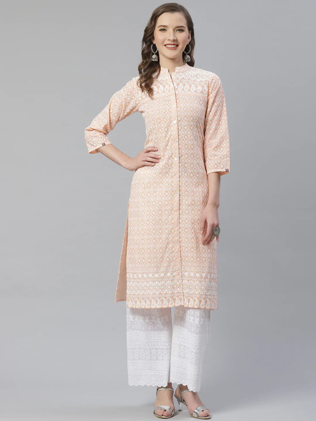 Jompers Women's Peach & White Chikankari Embroidered Kurta with Palazzos - Distacart
