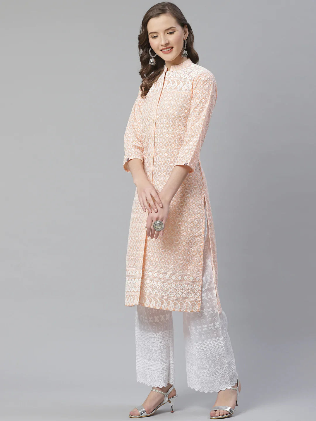 Jompers Women's Peach & White Chikankari Embroidered Kurta with Palazzos - Distacart
