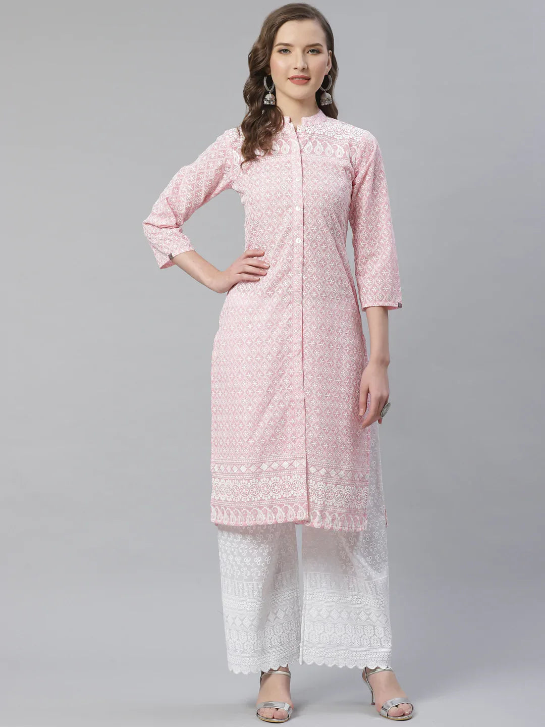Jompers Women's Pink & White Chikankari Embroidered Kurta with Palazzos - Distacart