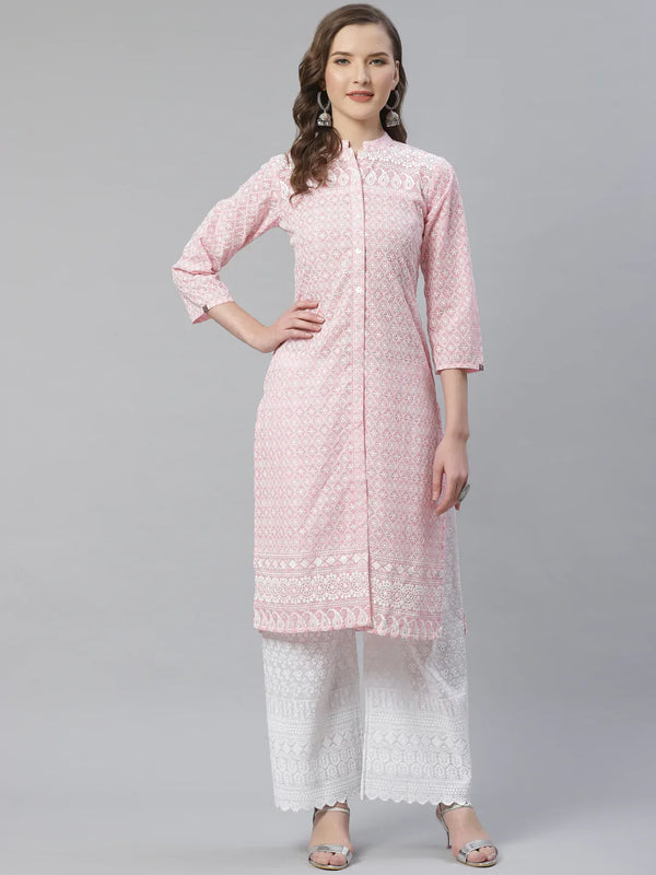 Jompers Women's Pink & White Chikankari Embroidered Kurta with Palazzos - Distacart
