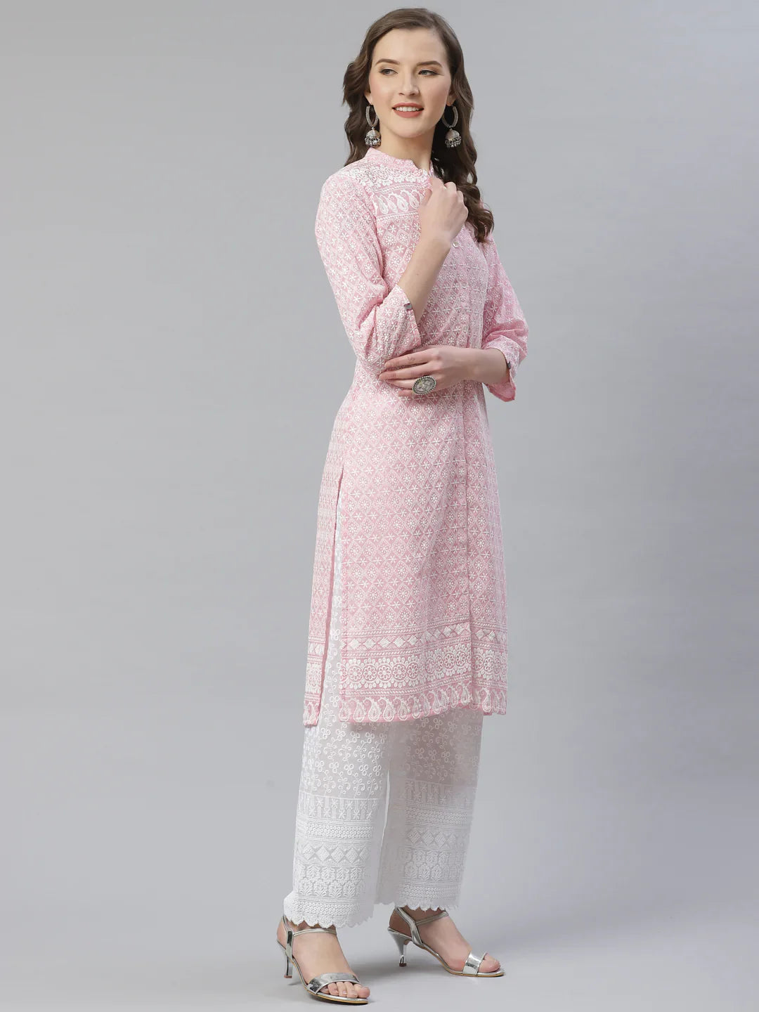 Jompers Women's Pink & White Chikankari Embroidered Kurta with Palazzos - Distacart
