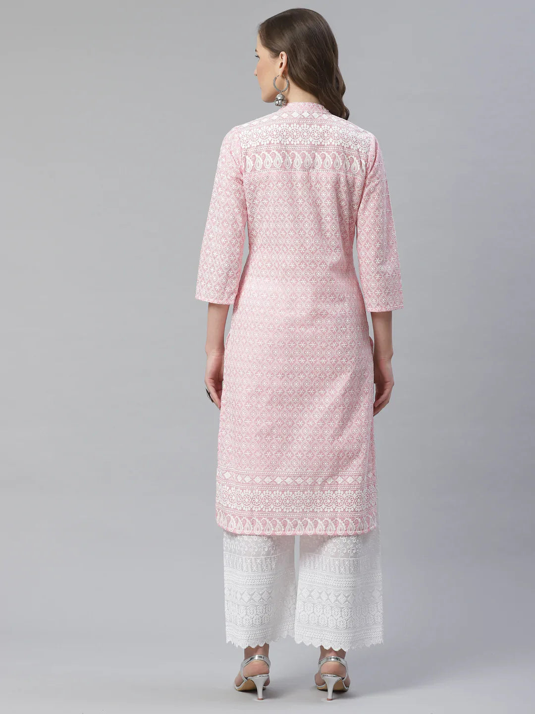 Jompers Women's Pink & White Chikankari Embroidered Kurta with Palazzos - Distacart