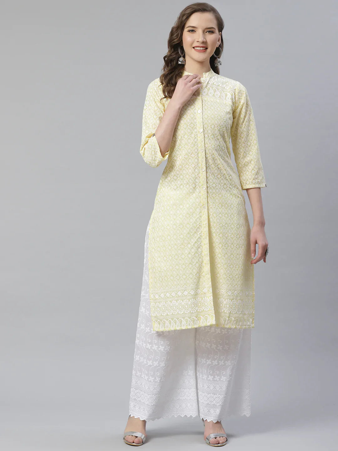 Jompers Women's Yellow & White Chikankari Embroidered Kurta with Palazzos - Distacart