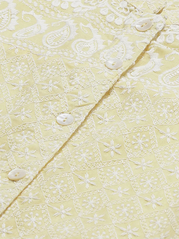 Jompers Women's Yellow & White Chikankari Embroidered Kurta with Palazzos - Distacart