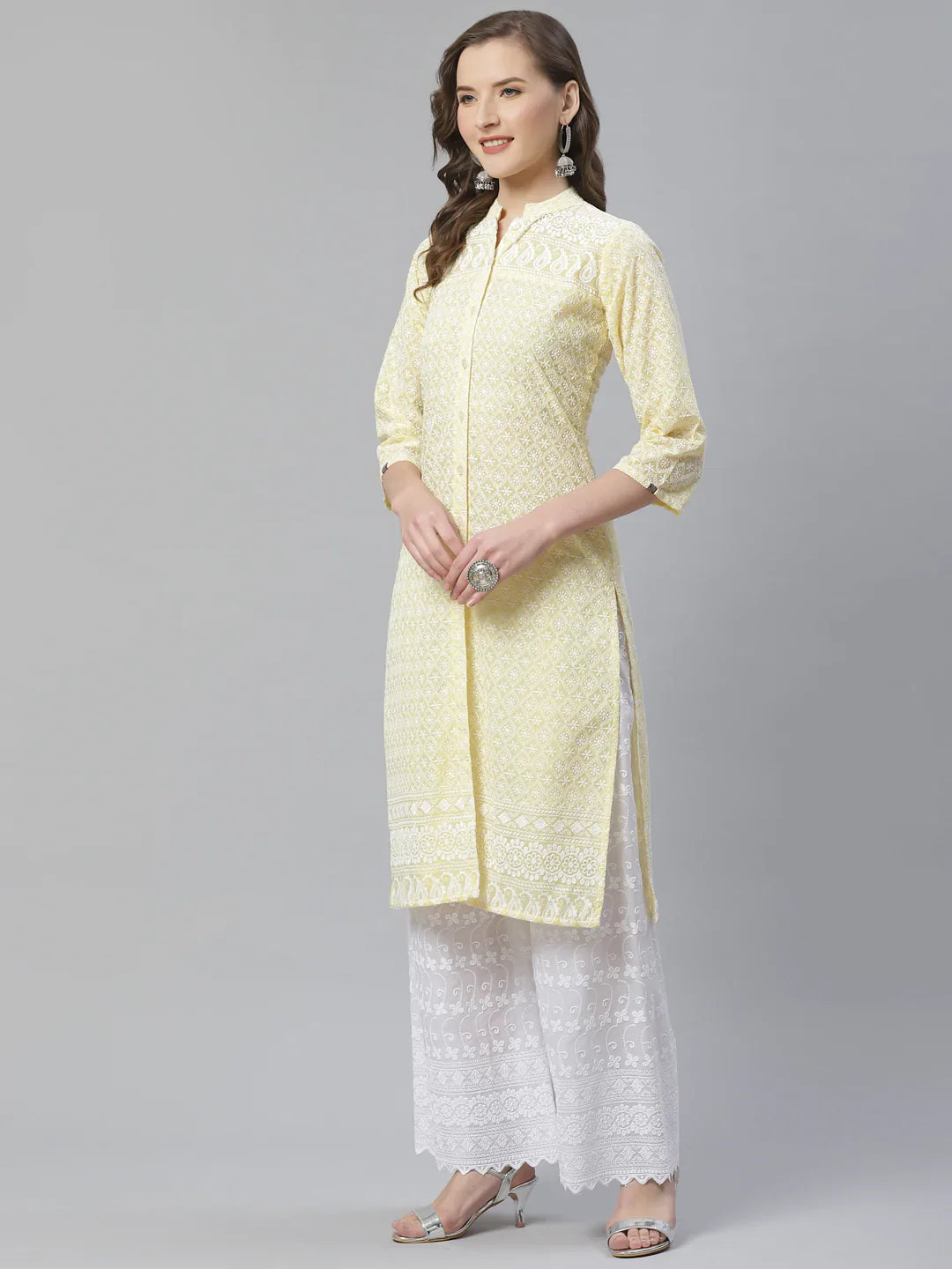 Jompers Women's Yellow & White Chikankari Embroidered Kurta with Palazzos - Distacart