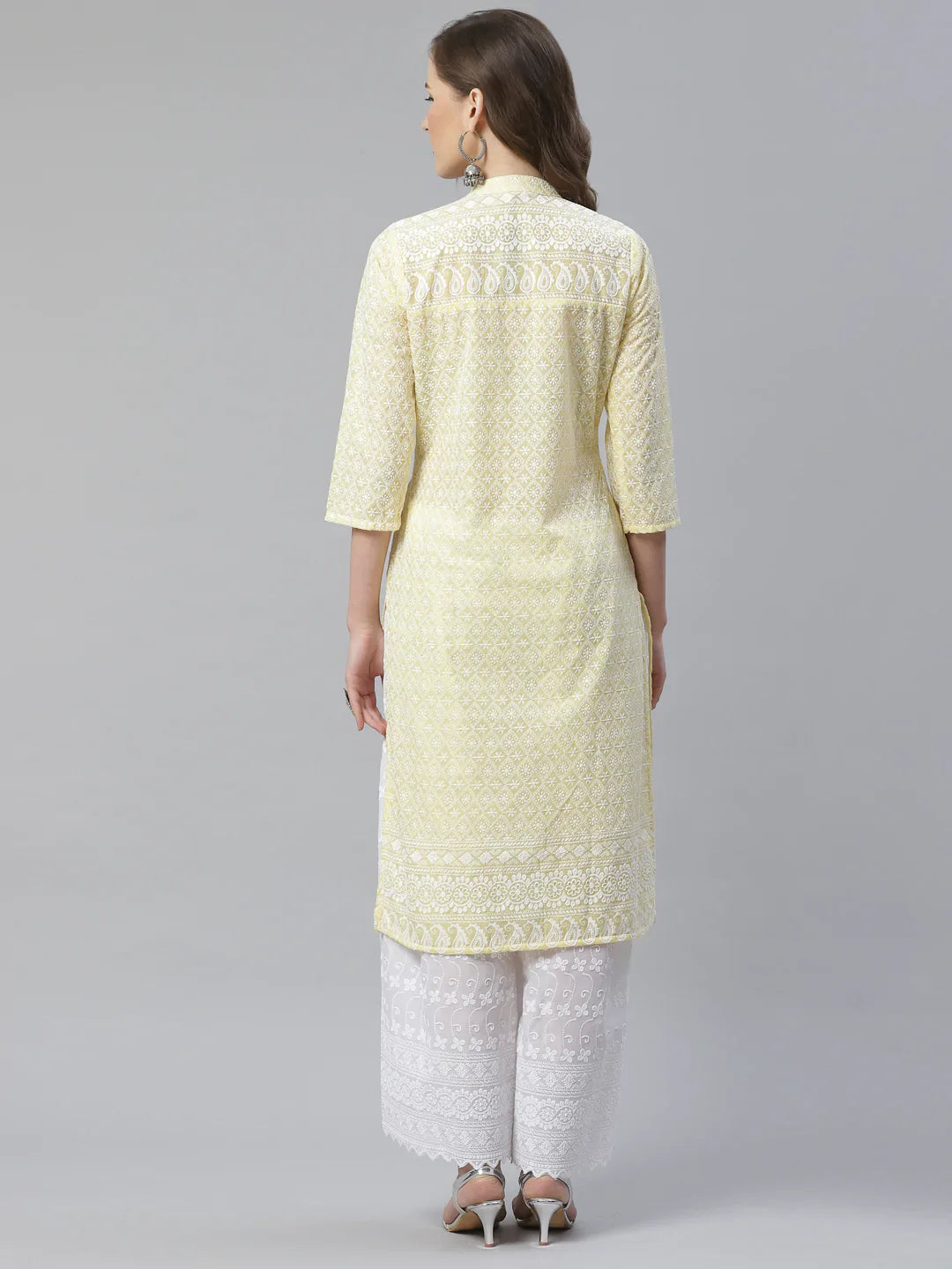 Jompers Women's Yellow & White Chikankari Embroidered Kurta with Palazzos - Distacart
