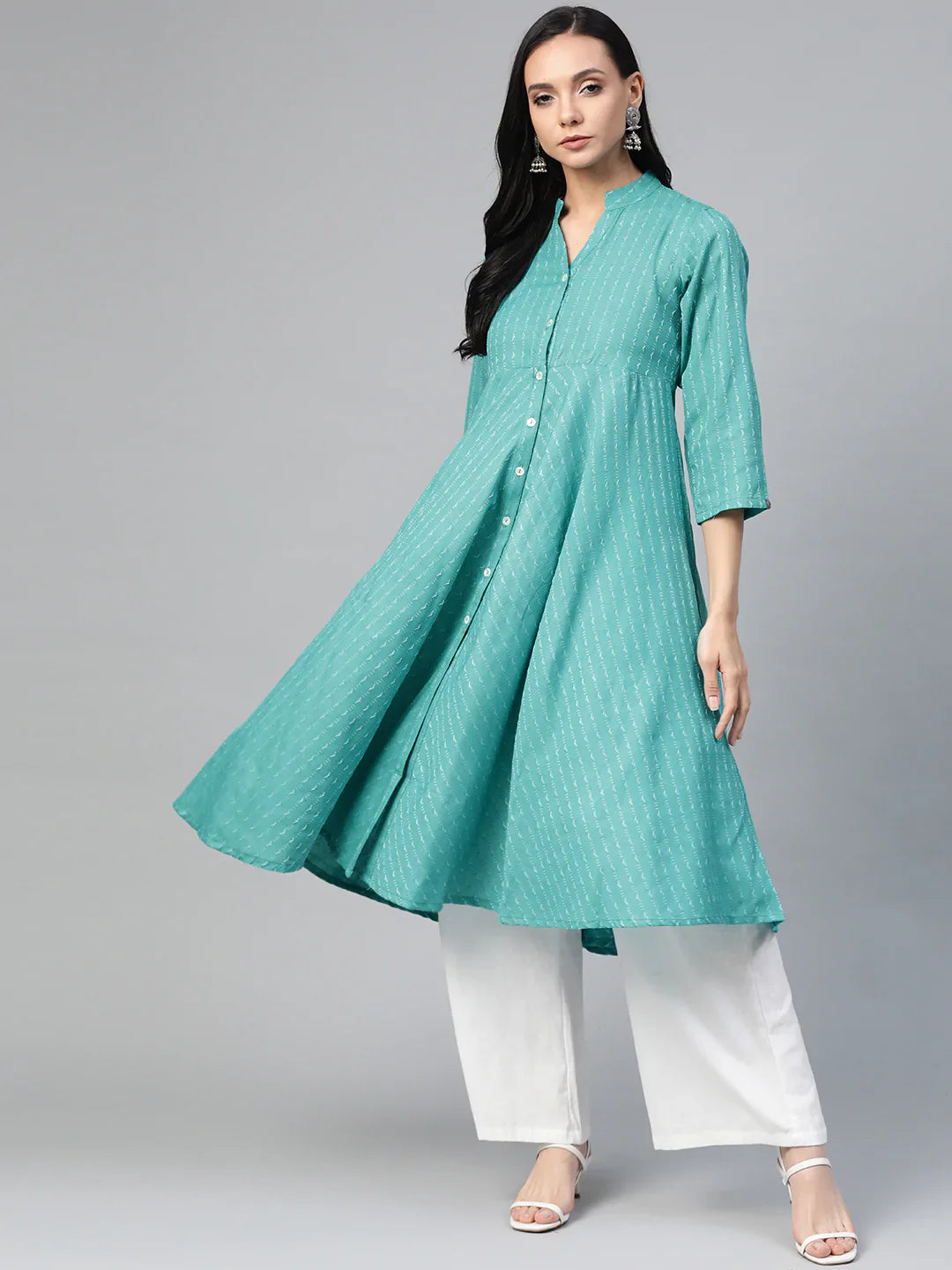 Jompers Women's Green & White Woven Design Jacquard A-Line Kurta - Distacart
