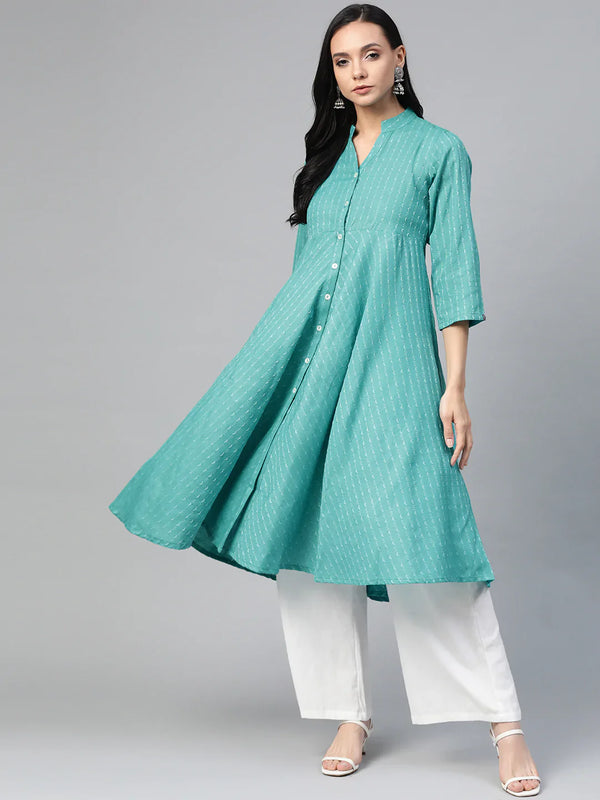 Jompers Women's Green & White Woven Design Jacquard A-Line Kurta - Distacart