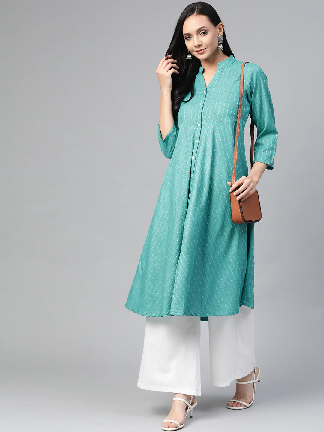 Jompers Women's Green & White Woven Design Jacquard A-Line Kurta - Distacart