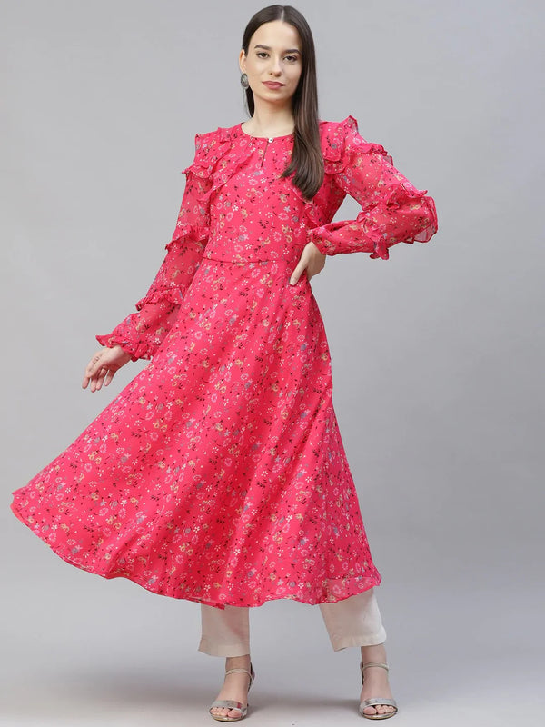 Jompers Women's Pink Ditsy Floral Printed Floral Georgette Anarkali Kurta with Frills - Distacart