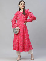Thumbnail for Jompers Women's Pink Ditsy Floral Printed Floral Georgette Anarkali Kurta with Frills - Distacart