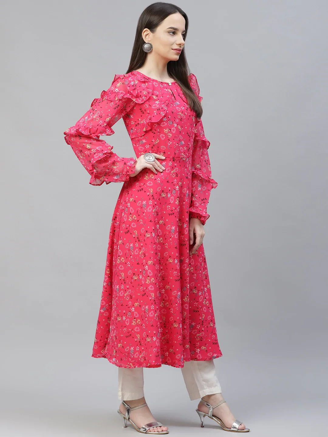 Jompers Women's Pink Ditsy Floral Printed Floral Georgette Anarkali Kurta with Frills - Distacart
