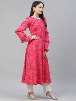 Thumbnail for Jompers Women's Pink Ditsy Floral Printed Floral Georgette Anarkali Kurta with Frills - Distacart