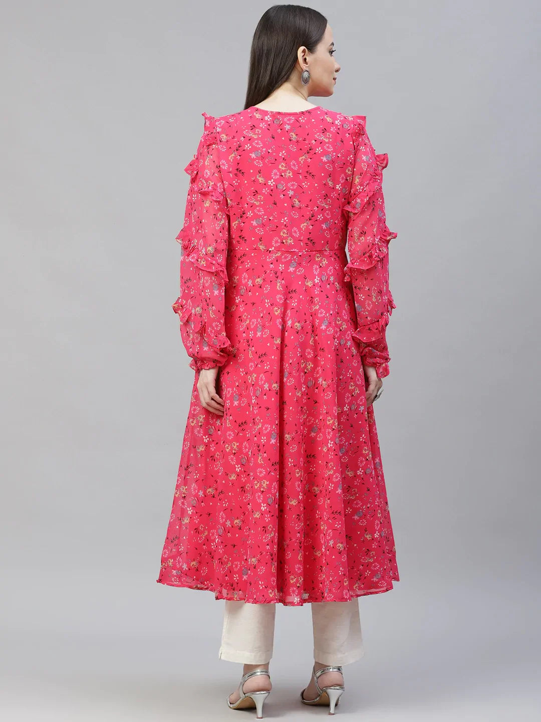 Jompers Women's Pink Ditsy Floral Printed Floral Georgette Anarkali Kurta with Frills - Distacart