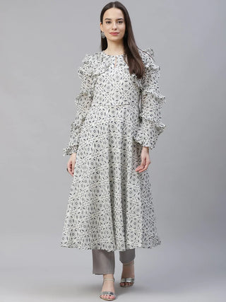 Jompers Women's White Geometric Printed Anarkali Kurta with Frills - Distacart