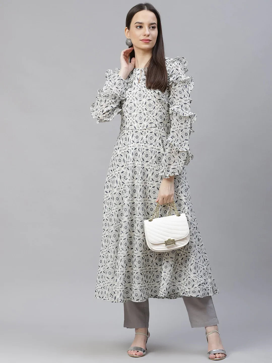 Jompers Women's White Geometric Printed Anarkali Kurta with Frills - Distacart