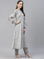 Thumbnail for Jompers Women's White Geometric Printed Anarkali Kurta with Frills - Distacart