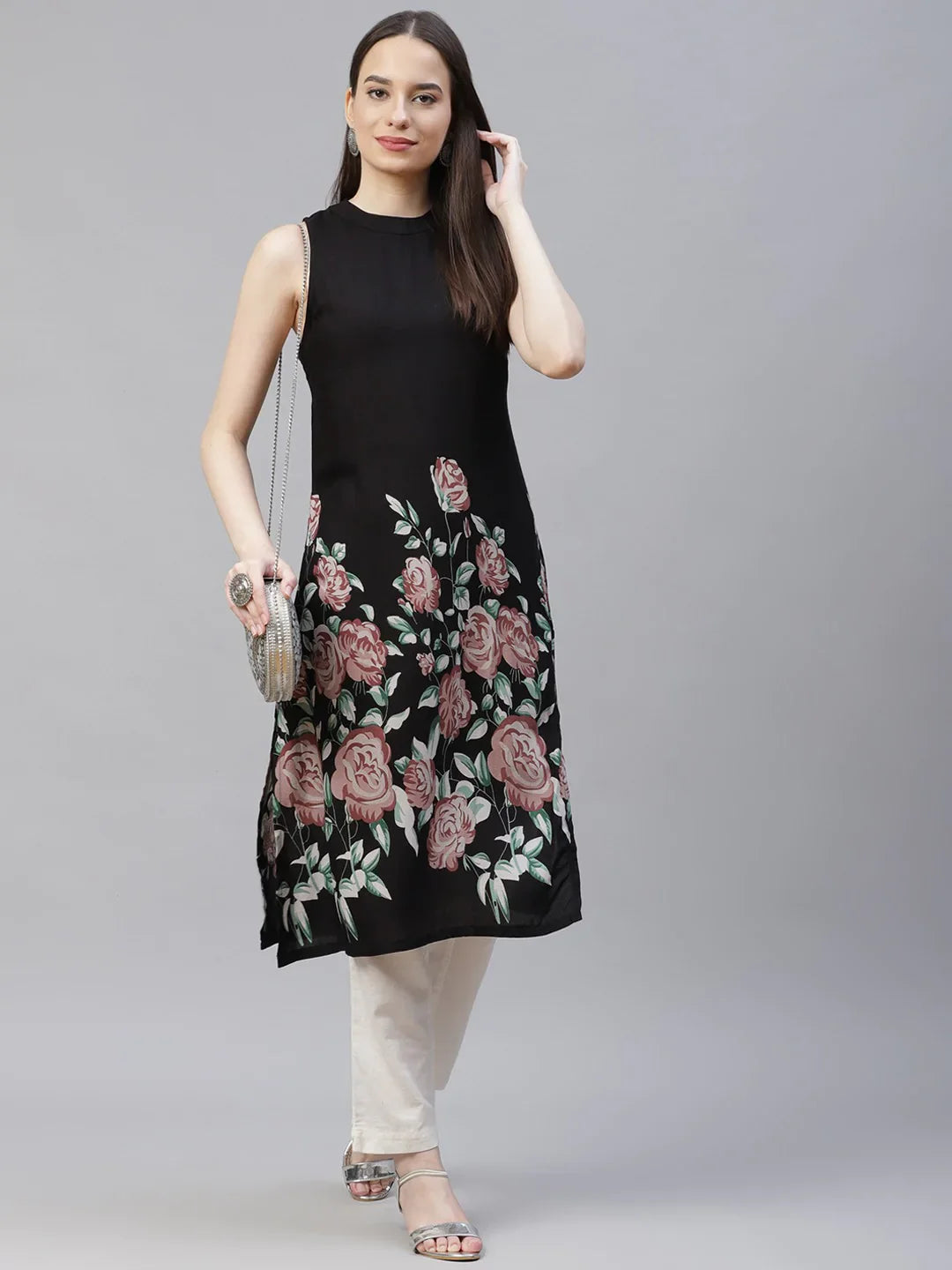 Jompers Women's Black Floral Printed Floral Kurta - Distacart