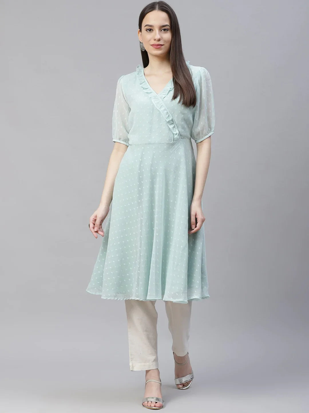 Jompers Women's Turquoise Blue Woven Design Flared Kurta - Distacart