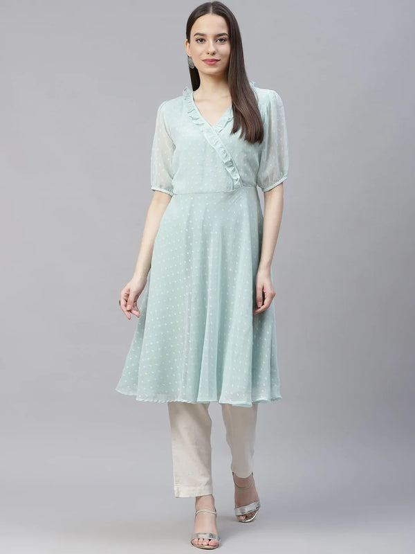 Jompers Women's Turquoise Blue Woven Design Flared Kurta - Distacart