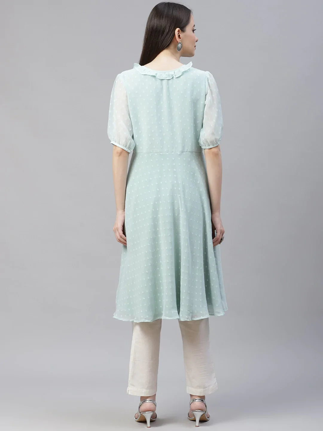 Jompers Women's Turquoise Blue Woven Design Flared Kurta - Distacart