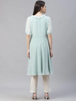 Thumbnail for Jompers Women's Turquoise Blue Woven Design Flared Kurta - Distacart