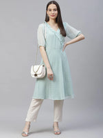 Thumbnail for Jompers Women's Turquoise Blue Woven Design Flared Kurta - Distacart
