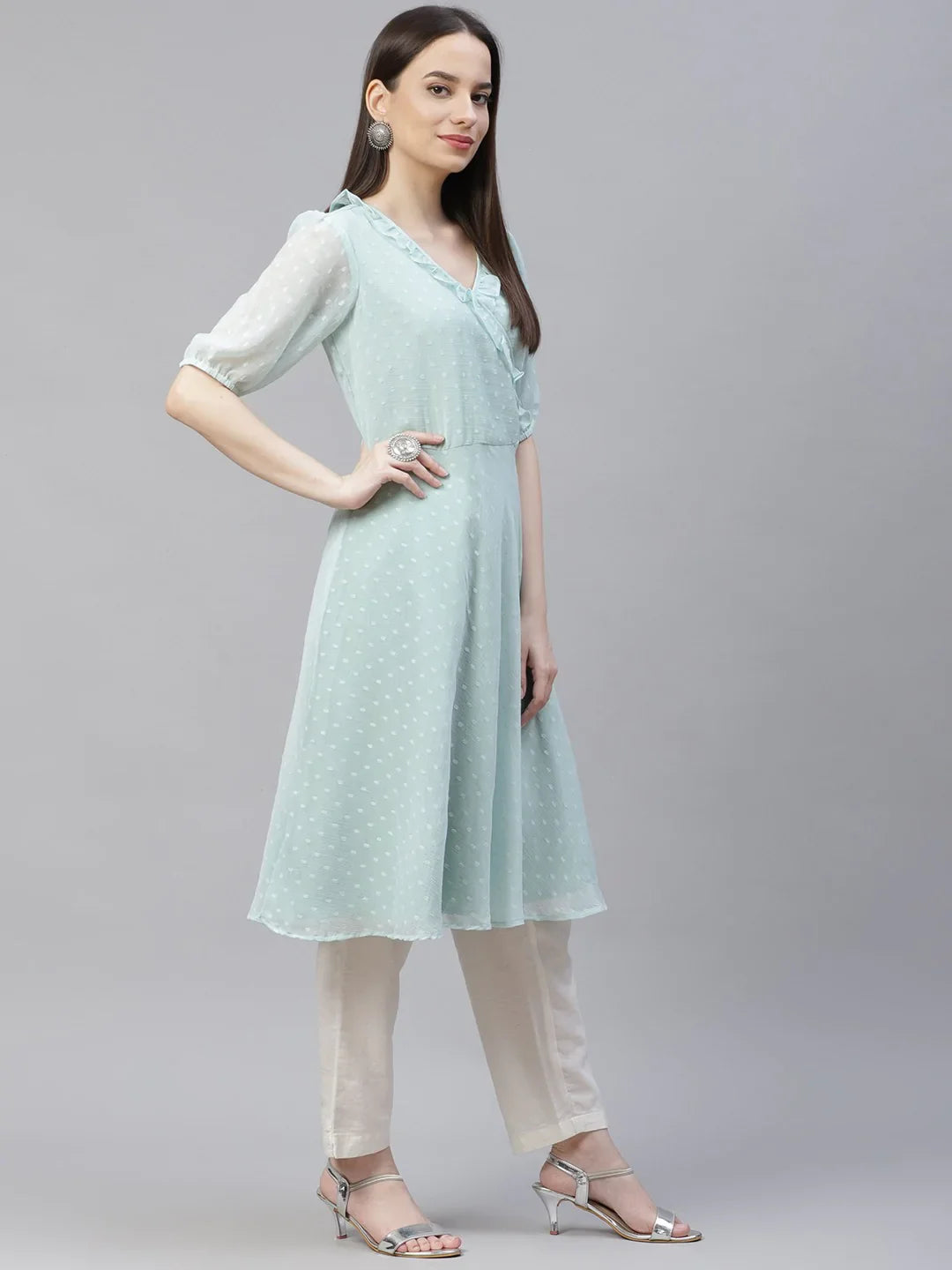 Jompers Women's Turquoise Blue Woven Design Flared Kurta - Distacart