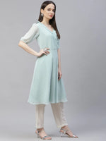 Thumbnail for Jompers Women's Turquoise Blue Woven Design Flared Kurta - Distacart
