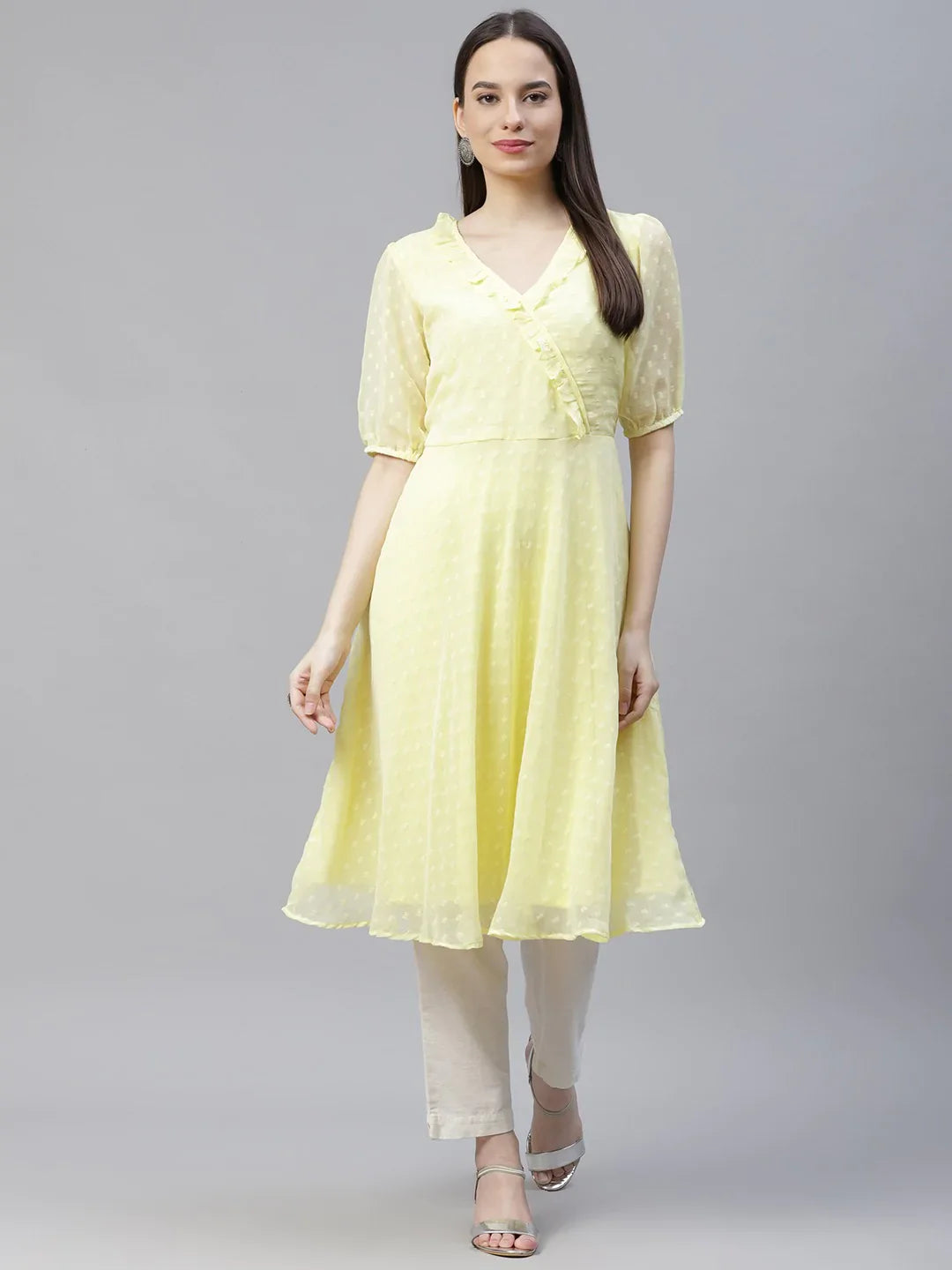 Jompers Women's Yellow Woven Design Flared Kurta - Distacart