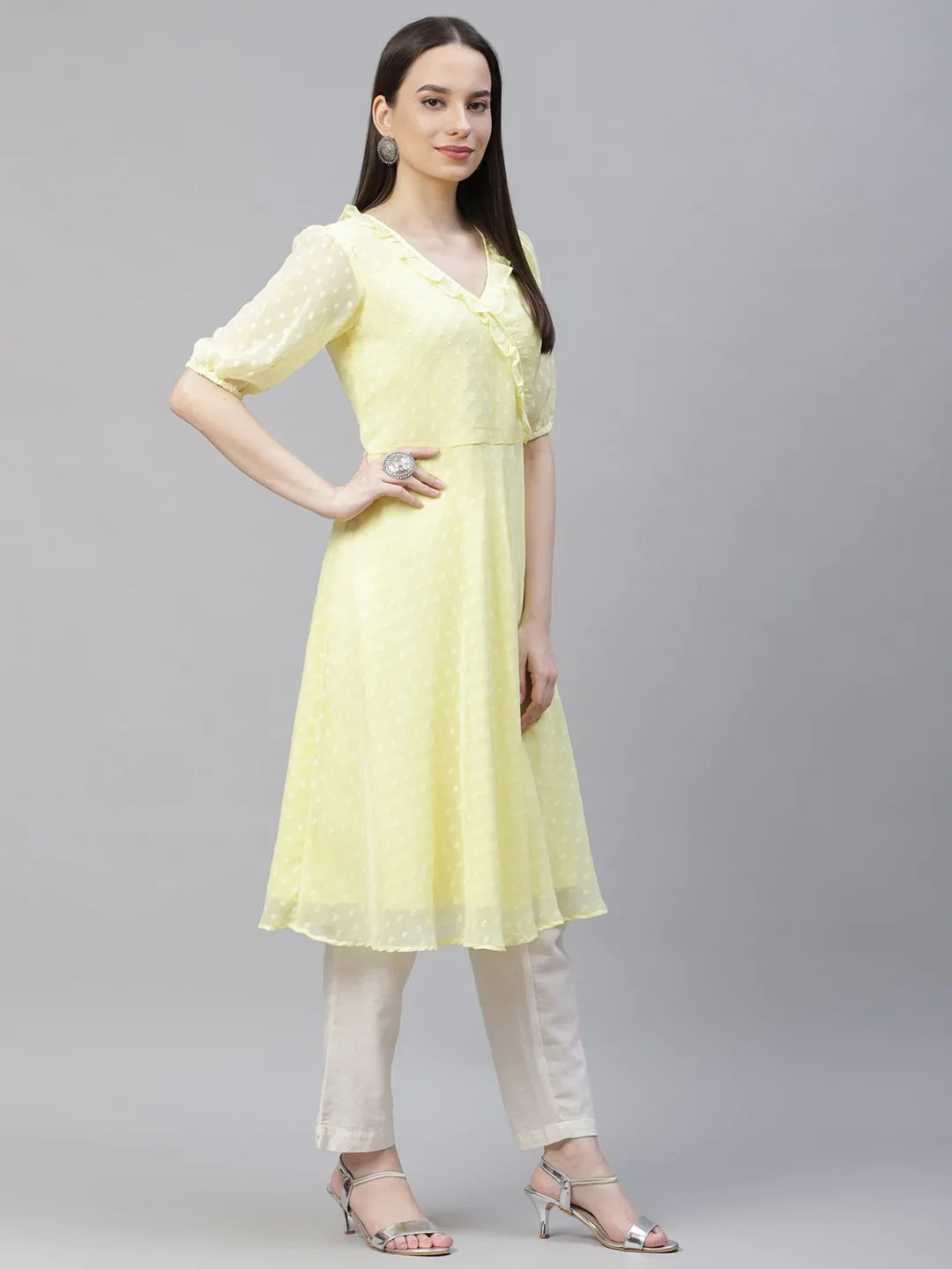 Jompers Women's Yellow Woven Design Flared Kurta - Distacart